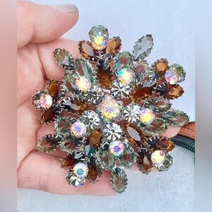 Huge Juliana brooch. Vintage Juliana brooch brown, clear AB silver tone 3"